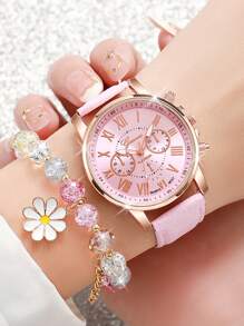 1pc Fashionable Ladies Leather Band Quartz Wrist Watch With Three Sub-Dials & Roman Numerals + 1pc Colorful Crystal Beaded Bracelet (2pcs/Set) As A Gift For Students Returning To School
