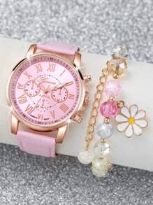 1pc Fashionable Ladies Leather Band Quartz Wrist Watch With Three Sub-Dials & Roman Numerals + 1pc Colorful Crystal Beaded Bracelet (2pcs/Set) As A Gift For Students Returning To School