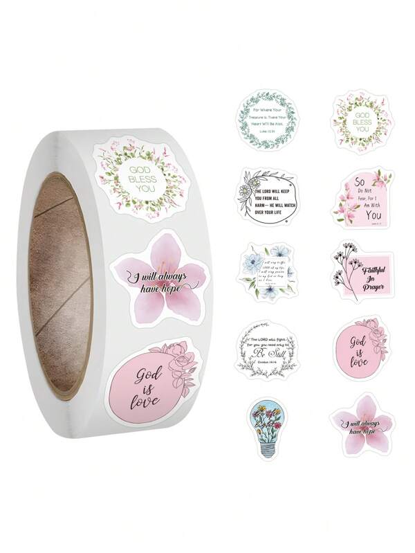 500pcs Inspired Christian Stickers Roll, Bible Verse Stickers, Blossoms Stickers Perfect For Water Bottle Laptop Scrapbooking Decals Christian Gifts Bible Journaling Supplies Back To School