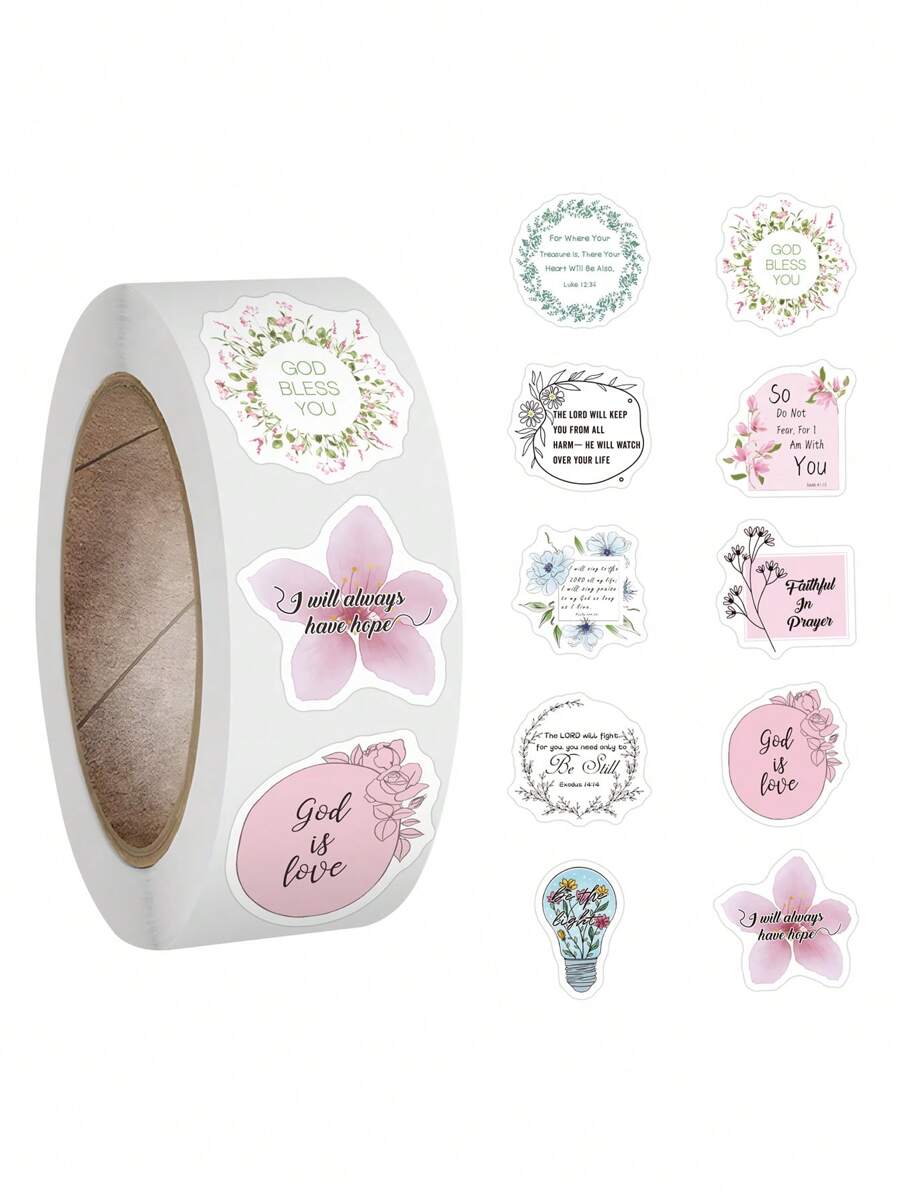 500pcs Inspired Christian Stickers Roll, Bible Verse Stickers, Blossoms Stickers Perfect For Water Bottle Laptop Scrapbooking Decals Christian Gifts Bible Journaling Supplies Back To School - Multicolor - View 1