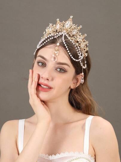 1件女士巴洛克风格流苏仿珍珠皇冠优雅头饰，适合节日、黑色哥特式复古礼服、皇家头饰、情人节配饰、婚礼发饰