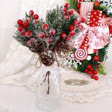 5入組人造花,假雪霜松枝圓錐莓果冬青diy聖誕樹裝飾,家庭聖誕裝飾用品禮物 - 紅色 - 查看 9