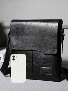 1件黑色半包曲線帶鎖小手提袋,pu仿皮革紋理,垂直復古時尚休閒多功能小型斜挎包,背包,郵差包,商務旅行,登山返校季必備,男學生,男孩,大學二年級新生禮物,男友禮物,男性禮物,丈夫禮物,父親禮物 - 黑色 - 查看 4