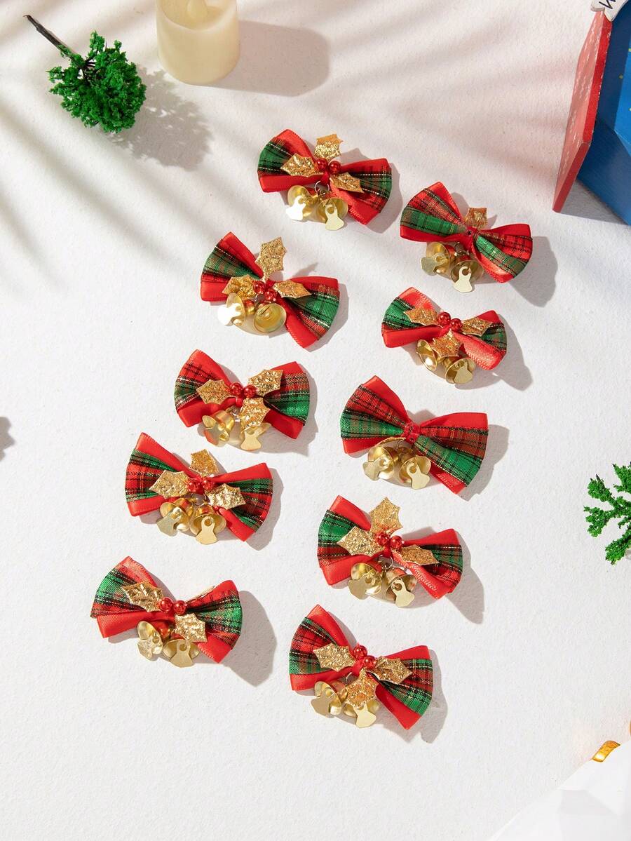 10 件/套圣诞蝴蝶结带铃铛装饰，带铃铛的缎带蝴蝶结，用于圣诞树装饰、节日礼品包装配件 - 彩色 - 查看 1