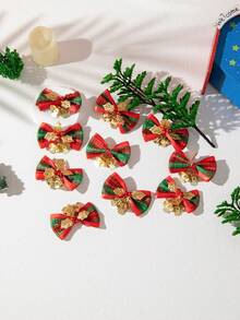 10 件/套圣诞蝴蝶结带铃铛装饰，带铃铛的缎带蝴蝶结，用于圣诞树装饰、节日礼品包装配件 - 彩色 - 查看 7