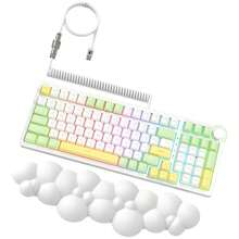 99鍵無線機械鍵盤,帶彈簧電纜,支持bt5.0/2.4g有線游戲鍵盤,帶rgb燈效熱插拔鍵盤和旋鈕控制,pbt鍵帽,兼容pc/windows和平板電腦 - 春頌/棕色開關/白色手托 - 查看 1