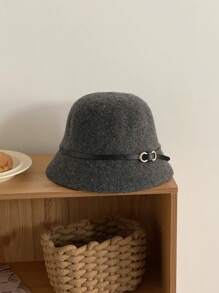 1pc Women Vintage Elegant Warm Wool Blend Bucket Hat With Leather Belt Buckle, Suitable For Daily Wear, Weekend Gathering, Gift For Girlfriend, Christmas Gift - Grey - View 4