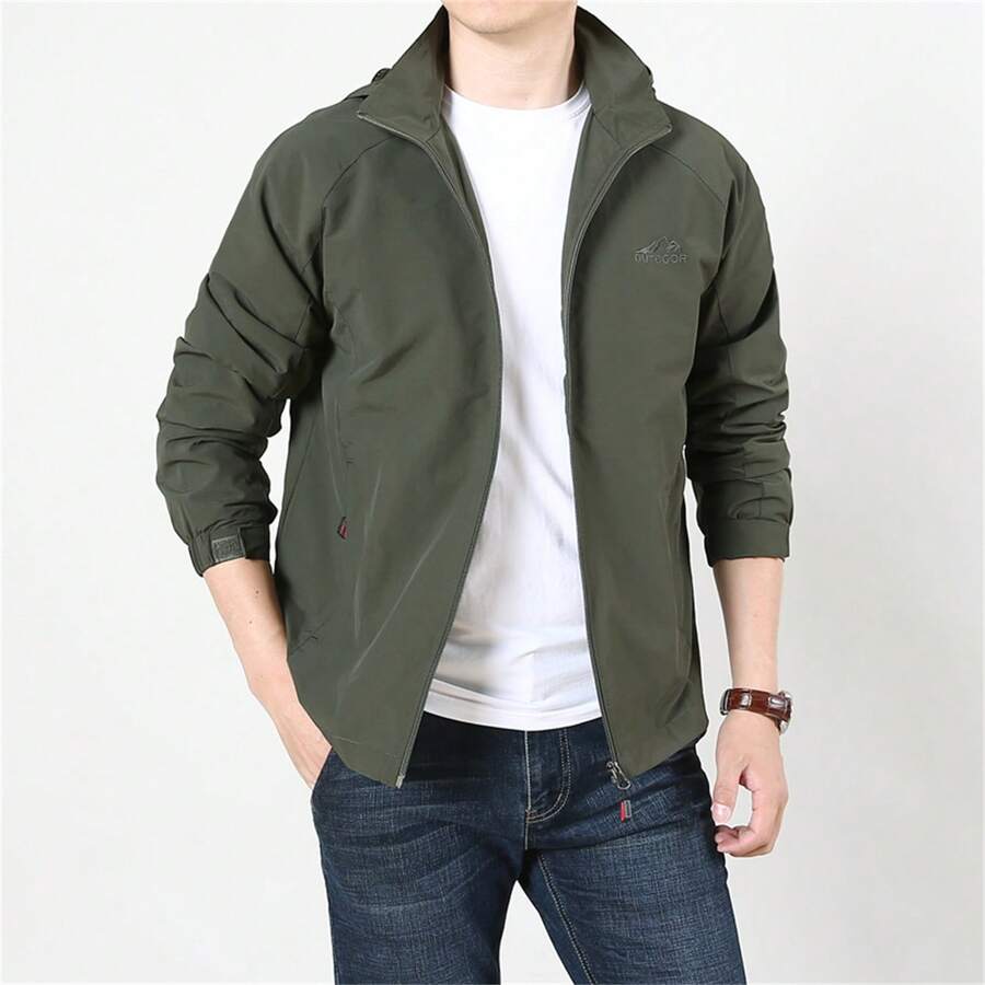 1件綠色印花戶外連帽多功能輕量夾克 - 軍綠色 - 查看 1