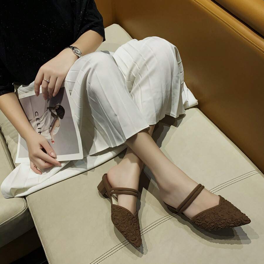 Elegant Brown Shoes For Women, Floral Embossed Point Toe Court Wedge Shoes - Chocolate Brown - View 1