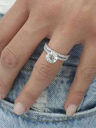 Sparkling Round Cubic Zirconia 2pcs/Set Women's Ring, Minimalist & Fashionable Double Stackable Ring, Wedding/Party Jewelry Royal