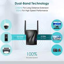 Wifi 擴展器 - 無線訊號增強器,面積可達 2640 平方英尺,2.4 和 5ghz 雙頻段放大器,具有乙太網路連接埠、存取點、無線網路中繼器千兆位元有線模式,設定時間為 8 秒 - 黑色 - 查看 3