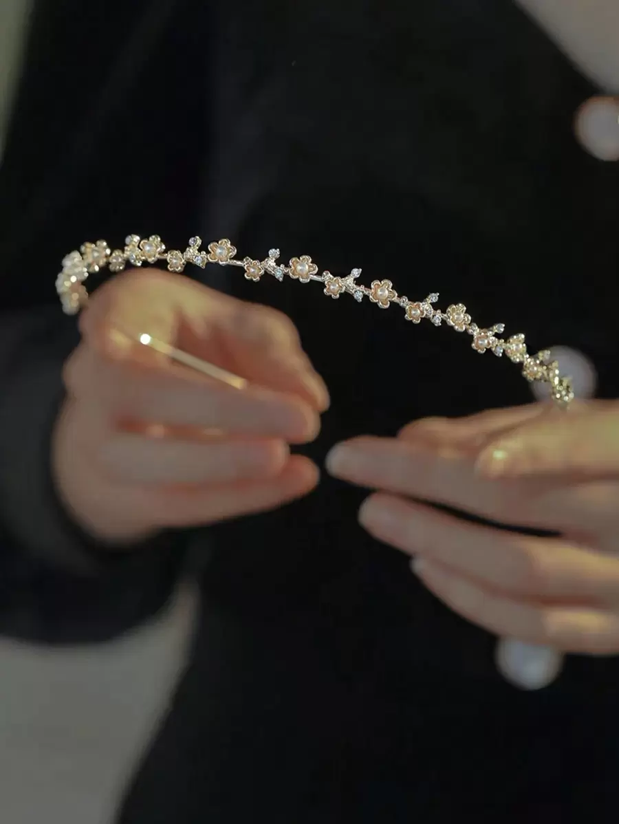 1pc Faux Pearl Flower & Rhinestone Decor Simple Design Alloy Hairband For Women Elegant,Hairband,Hair Hoop Headbands Hair Accessories Head Accessories - Gold - View 1