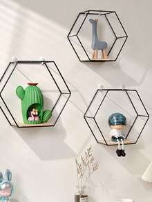 1只六角形牆掛架,可用於玩具、盆栽、書籍、手機充電底座等家庭裝飾,由鐵和木材製成