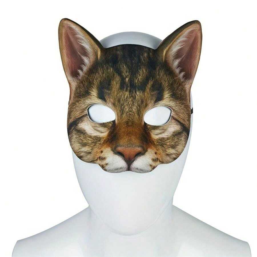 1pc Brown Digital Printed Animal Raccoon & Tabby Cat Makeup Party Mask - Brown - View 1