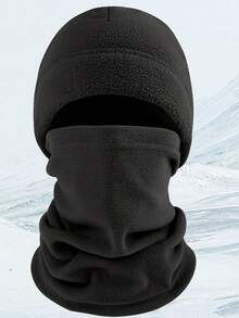Men's Solid Color Fleece Hat And Neck Warmer Set For Outdoor Riding, With Winter Helmet Liner - Black - View 2