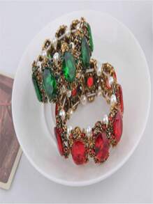 1pc Fashionable Vintage Style Green Rhinestone, Emerald & Faux Pearl Decor Bracelet For Women, Daily Wear Accessory