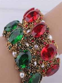 1pc Fashionable Vintage Style Green Rhinestone, Emerald & Faux Pearl Decor Bracelet For Women, Daily Wear Accessory