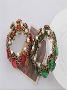1pc Fashionable Vintage Style Green Rhinestone, Emerald & Faux Pearl Decor Bracelet For Women, Daily Wear Accessory