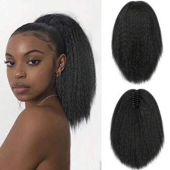 12 Inches Kinky Ponytail Hair Extensions Claw Clip Yaki Black Ponytail Extension For Women Kinky Straight Clip In Ponytail Hair Extensions For Daily Party Women, Halloween, Cosplay,Christmas, Parties, Etc.(12 Inches)