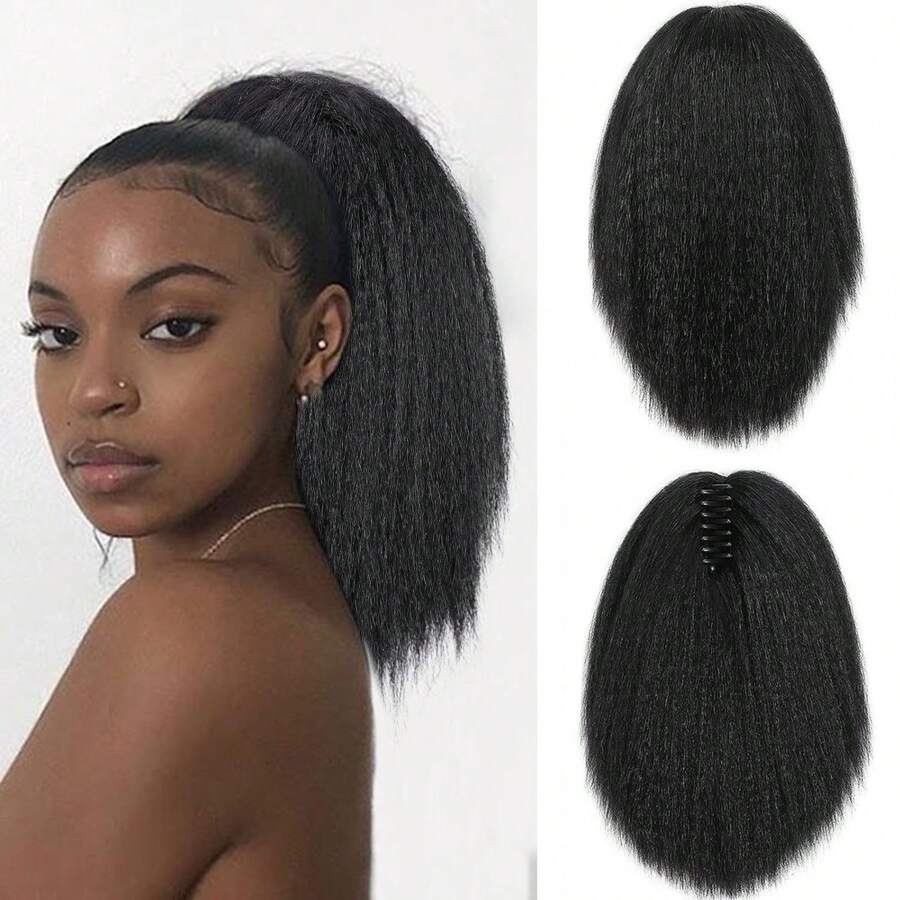 12 Inch Fluffy Ponytail Hair Extensions, Clip-In Yaki Black Ponytail Hairpiece, Suitable For Women's Daily, Party, Halloween, Cosplay, Christmas, Gathering And Other Occasions (12 Inch) - Black - View 1