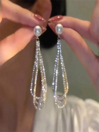 1pair Long Waterdrop Shaped Rhinestone Decor Tassel Earrings With Faux Pearl Detail, Fashionable & Elegant Jewelry