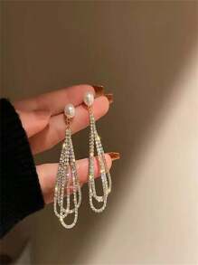 1pair Long Waterdrop Shaped Rhinestone Decor Tassel Earrings With Faux Pearl Detail, Fashionable & Elegant Jewelry