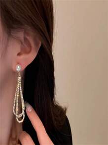 1pair Long Waterdrop Shaped Rhinestone Decor Tassel Earrings With Faux Pearl Detail, Fashionable & Elegant Jewelry