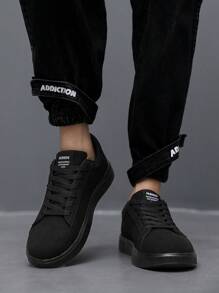 （小一码）男士帆布鞋，简约设计纯色平底鞋，适合搭配牛仔裤 - 黑色 - 查看 8