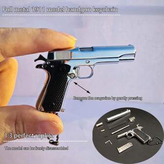 全金属 1:3 比例激光雕刻亮银色 1911 手枪钥匙扣背包吊坠玩具模型礼品袋配件挂绳带身份证夹汽车配件包饰