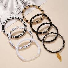 7 件装女孩复古黑白翼形吊坠水晶串珠手链