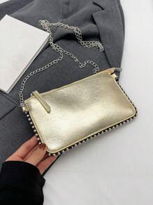 Ladies' Beaded Chain Shoulder Bag With Color Blocking Design,Metallic Clutch For Parties, Funky, Punk & Bag For Street Wear , New Year - Gold - View 3