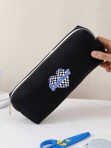 1pc Plaid & Heart Pattern Double-sided Printed Plush Pencil Case - Multicolor - View 1