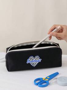 1pc Plaid & Heart Pattern Double-sided Printed Plush Pencil Case - Multicolor - View 4