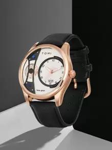 Tomi Automatic Men's Watch With Rotating Gear & Second-Hand Stepping Feature, Equipped With Replaceable Watch Strap In Gift Box, Suitable For Daily Use And As A Gift For Festival Occasions Gift Sets Gift For Men As A Gift For Students Returning To School - Coffee Brown - View 5