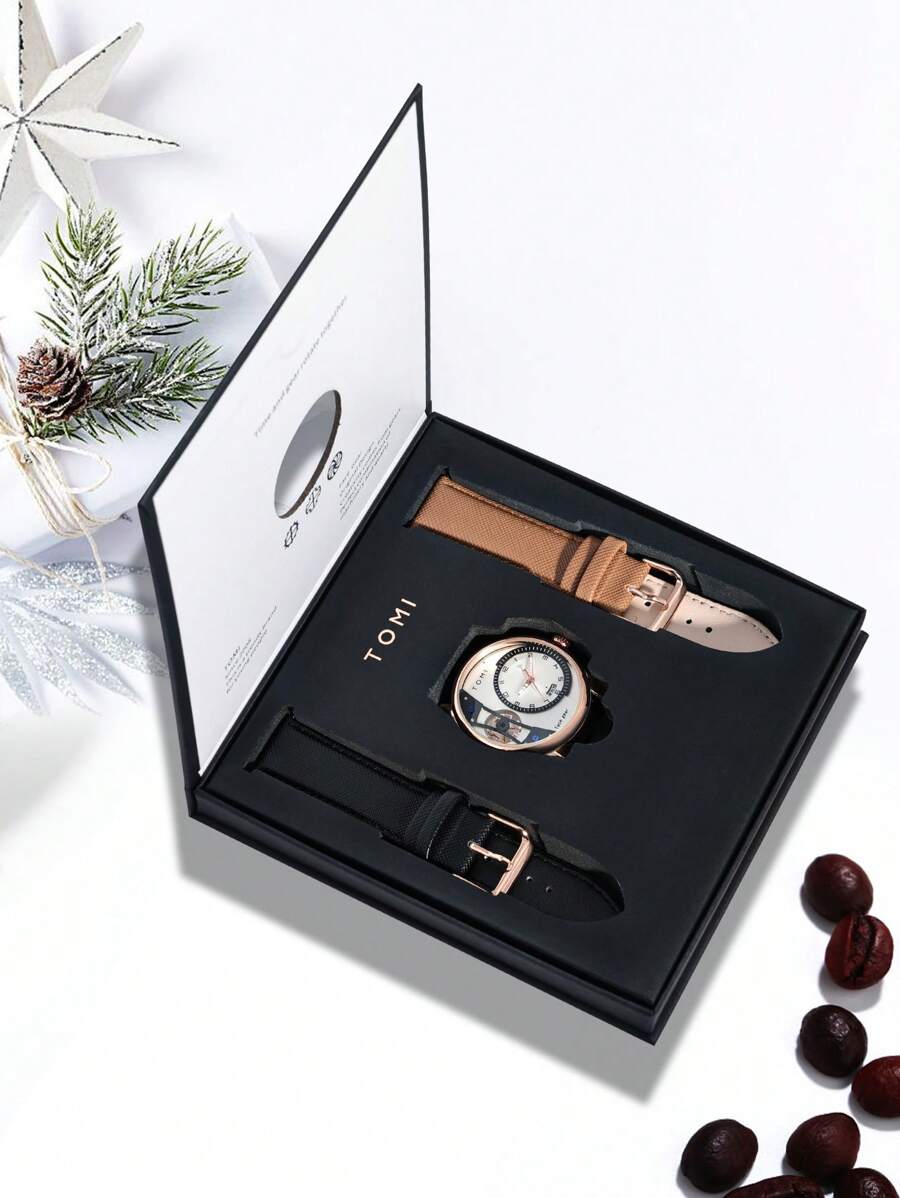 Tomi Automatic Men's Watch With Rotating Gear & Second-Hand Stepping Feature, Equipped With Replaceable Watch Strap In Gift Box, Suitable For Daily Use And As A Gift For Festival Occasions Gift Sets Gift For Men As A Gift For Students Returning To School - Coffee Brown - View 1