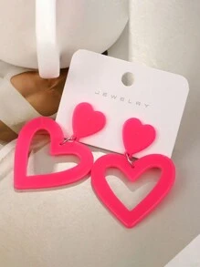 1pair Creative And Personalized Pink Heart Earrings - Hot Pink - View 3