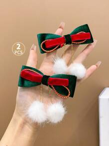 2 件女孩甜美可爱蝴蝶结发夹，适合圣诞节 - 彩色 - 查看 1
