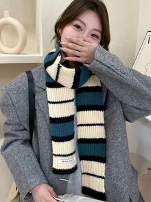1條女士針織條紋色塊厚長圍巾,時尚、休閒、多用途,適合秋冬保暖和日常穿著 - 藍白色 - 查看 1