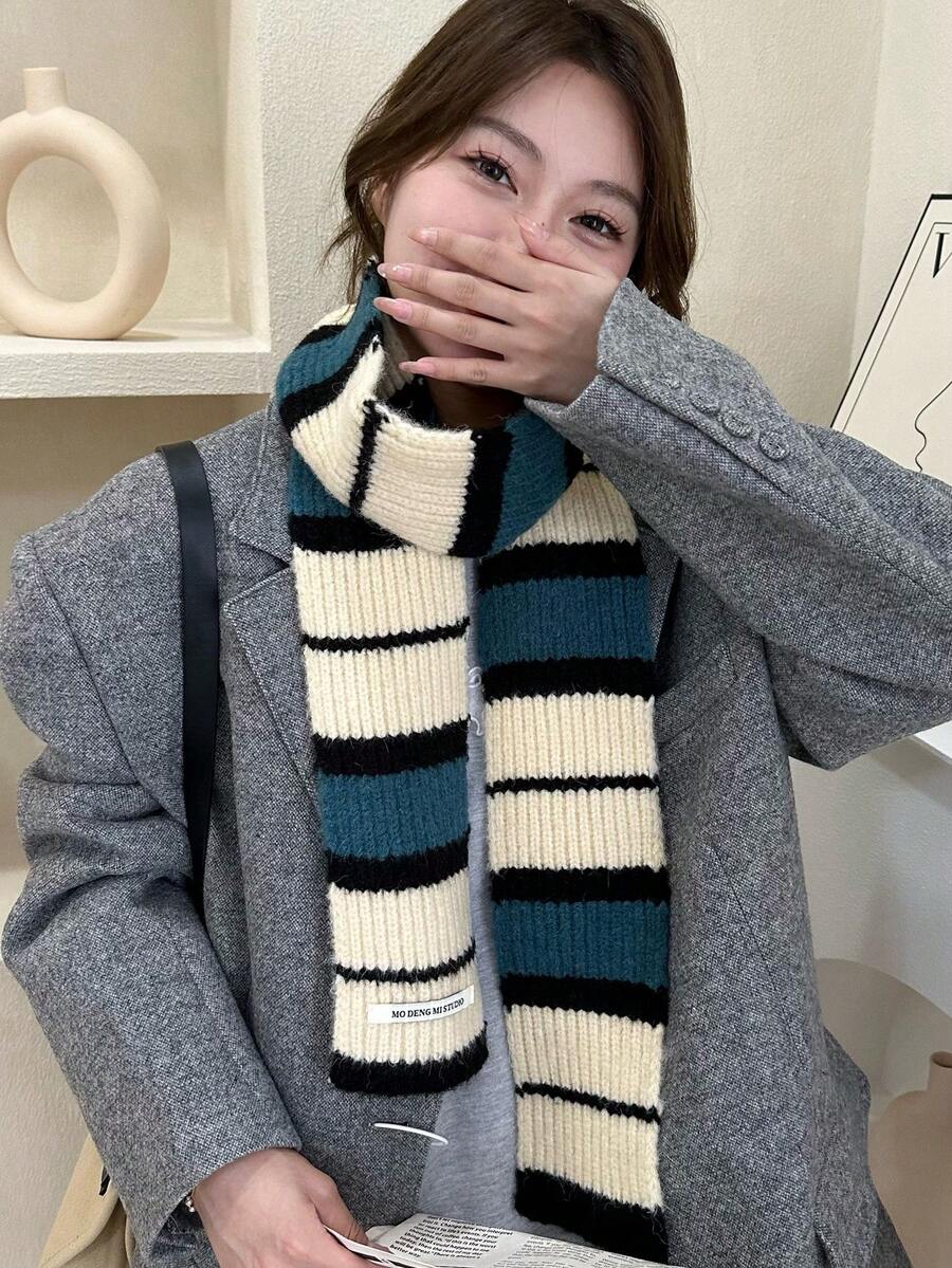 1條女士針織條紋色塊厚長圍巾,時尚、休閒、多用途,適合秋冬保暖和日常穿著 - 藍白色 - 查看 1