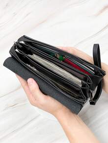 時尚簡約男士手拿包 / 腕包,大尺寸門襟拉鍊手提包,可攜式腋下包,男人的聖誕禮物 - 黑色 - 查看 3