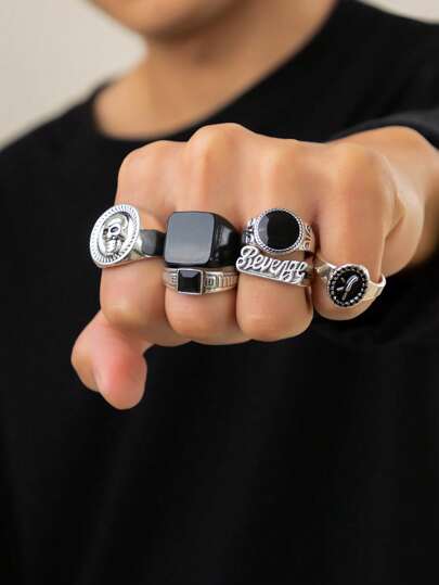 6pcs/set Fashion Streetwear Punk Style Skull & Letter Design Ring Set For Men's Daily Casual Wear