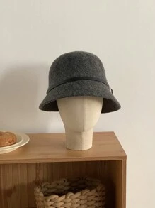 1pc Women Vintage Elegant Warm Wool Blend Bucket Hat With Leather Belt Buckle, Suitable For Daily Wear, Weekend Gathering, Gift For Girlfriend, Christmas Gift - Grey - View 5