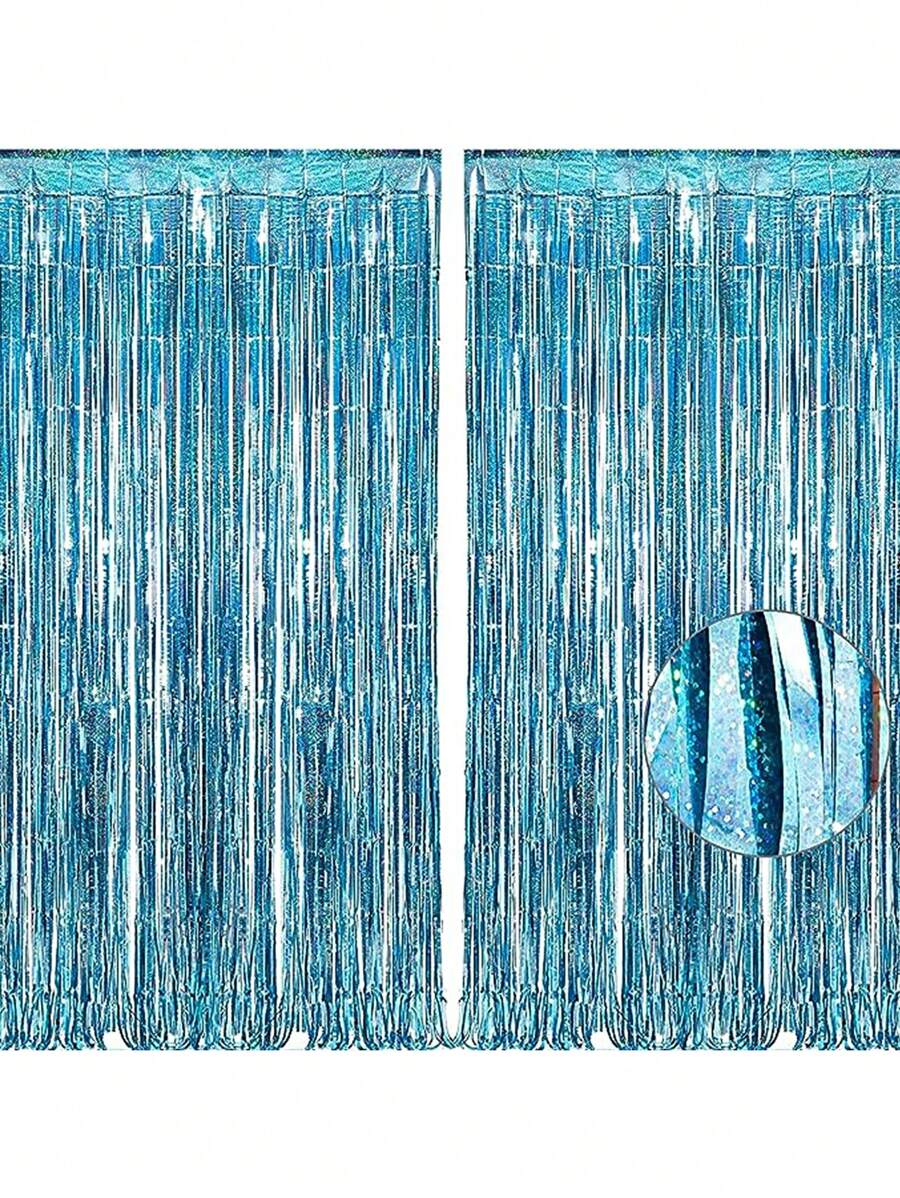 1/2/3/4/5/6pcs Light Blue Glitter Tinsel Foil Fringe Curtains - Metallic Holiday Photo Booth Backdrop For Birthday Mermaid Ocean Pool Frozen Theme Shower Wedding Party Streamers Decor,Christmas - Baby Blue - View 1