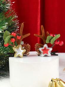 2 件裝女式聖誕主題可愛小鹿鹿角人造星星髮夾適合節日派對裝飾