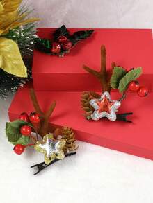 2 件裝女式聖誕主題可愛小鹿鹿角人造星星髮夾適合節日派對裝飾