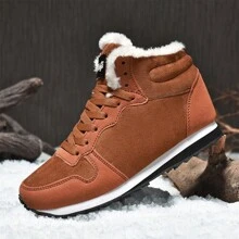 新款秋冬轻便保暖情侣雪地靴，加大码男女款 PU 皮革户外登山靴，带毛绒衬里，防滑舒适 - 棕色 - 查看 1