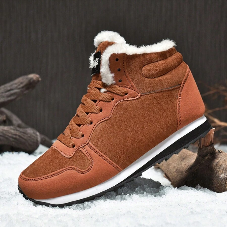 新款秋冬轻便保暖情侣雪地靴，加大码男女款 PU 皮革户外登山靴，带毛绒衬里，防滑舒适 - 棕色 - 查看 1