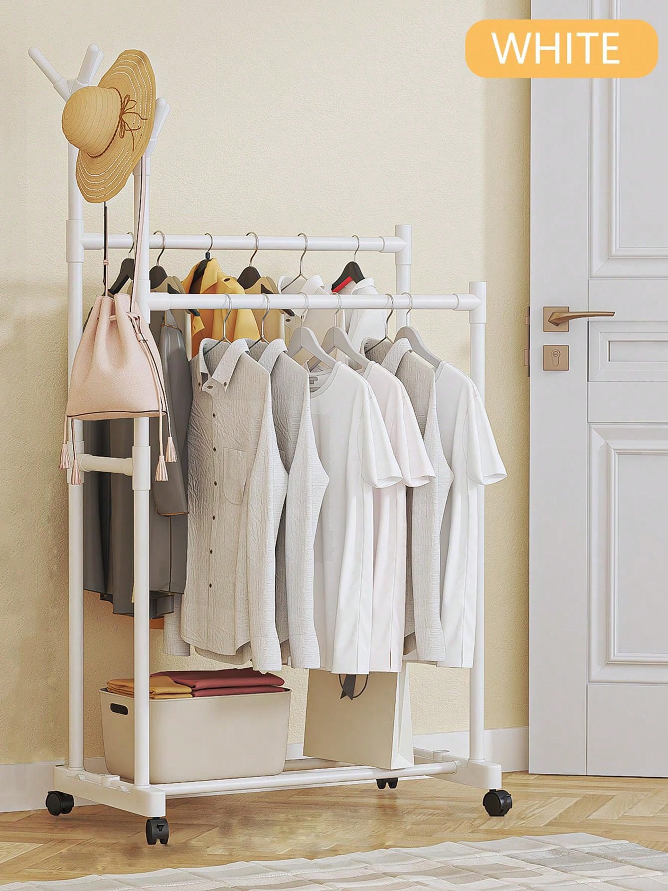 Double Pole With Pulley 2layer White Clothes Drying Rack Floor