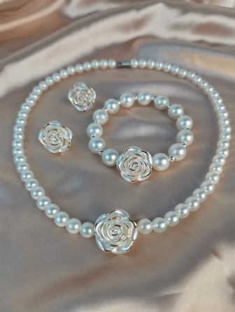 1 套母亲节礼物女士珠宝珍珠花项链、手链、耳环经典复古闪亮办公室时尚教师节礼物波西米亚海滩珠宝项链圣诞节、情人节、感恩节礼物情人节、妈妈、母亲、母亲节、礼物