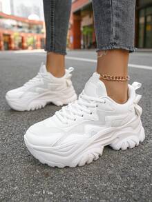 四季款女鞋,防滑透氣網面低幫圓頭厚底厚底運動鞋女士綁帶輕便休閒運動鞋 - 白色 - 查看 4